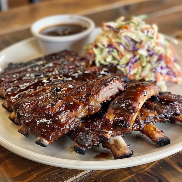 Pappies Smokehouse & Lunch Box BBQ ribs with sauce and coleslaw on a white plate.